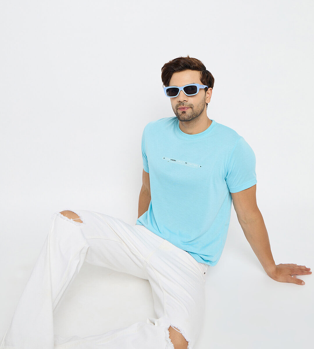 First Krush Mens Round Neck Cotton Blend Sky Color Tshirt