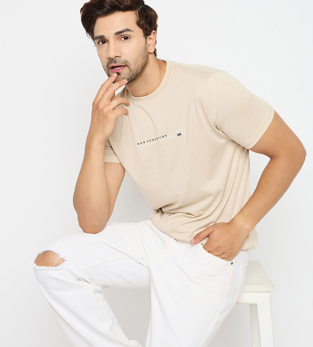 First Krush Mens Round Neck Cotton Blend Camel Tshirt