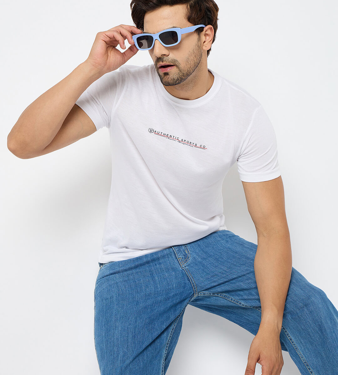 First Krush Mens Round Neck Cotton Blend White Color Tshirt